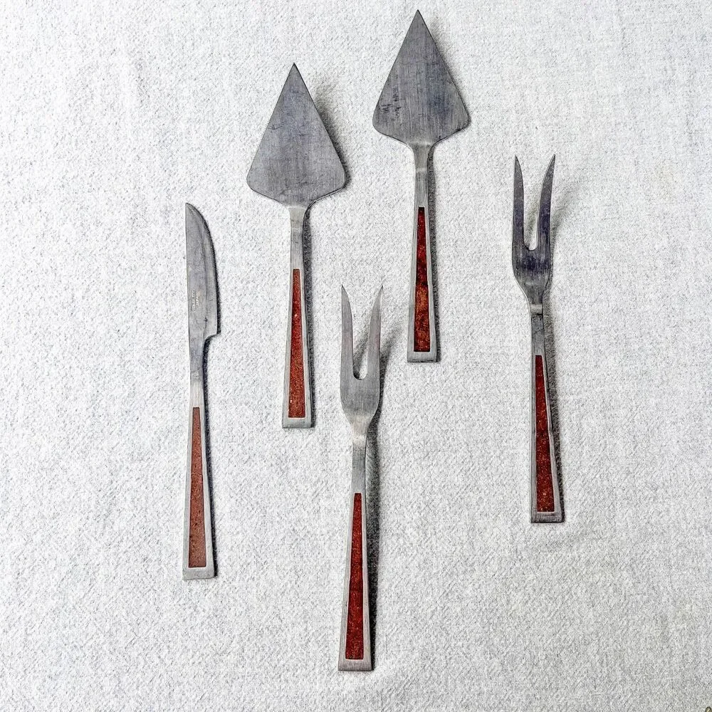 Vintage 1960s Otagiri Serving Forks, Servers & Knife Set - Lot of 5 - MCM